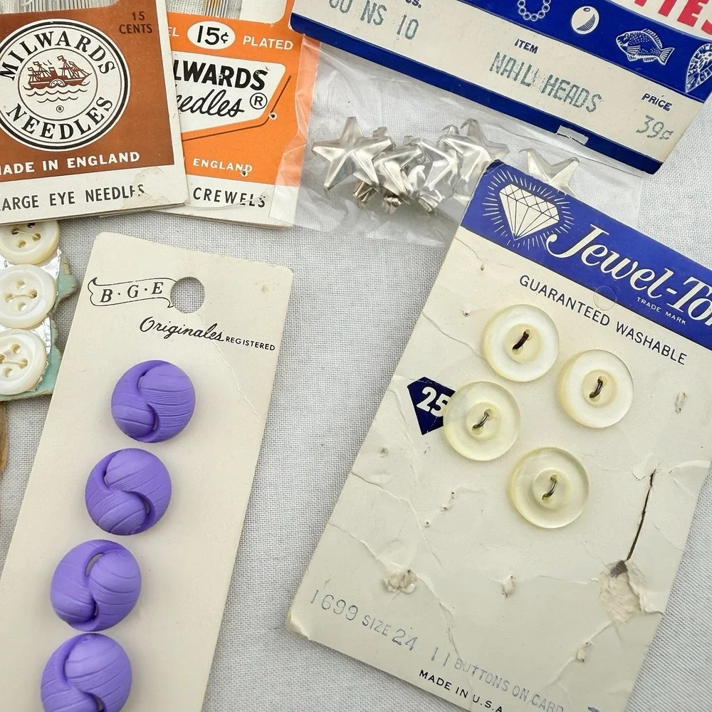 Vintage Lot Sewing Notions Hook Eye Loops Buttons Needles Mending Supplies